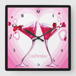 Roze cocktailbril wandklok vierkante klok