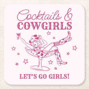 Roze cocktails en cowgirls rodeo vrijgezellenfeest vierkante kartonnen onderzetter