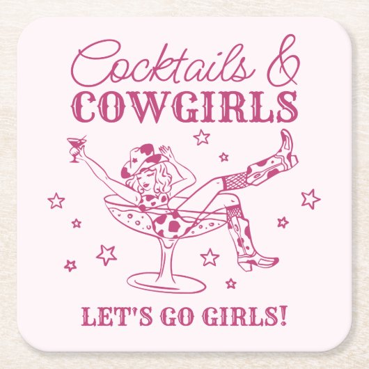 Roze cocktails en cowgirls rodeo vrijgezellenfeest vierkante kartonnen onderzetter (Voorkant)