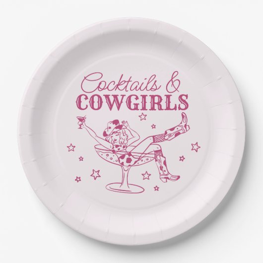 Roze cocktails en Cowgirls Verjaardag Bachelorette Papieren Bordje (Voorkant)