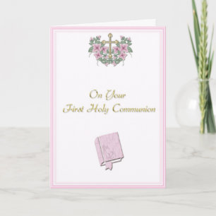 Roze Communie gefeliciteerd Kaart