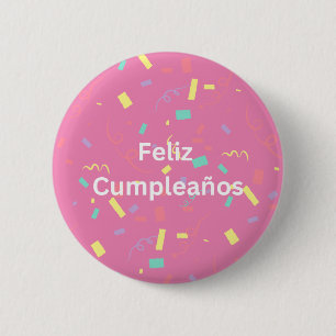 Roze Confetti achtergrond Feliz Cumpleaños Ronde Button 5,7 Cm