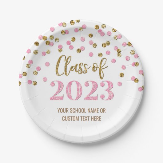Roze Confetti Afstuderen 2023 Papieren Bordje (Voorkant)