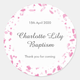 Roze confetti doopfeest uitnodiging cadeautje ronde sticker