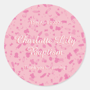 Roze confetti doopsuikerfeestje favor ronde sticker