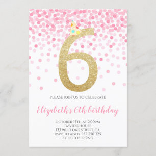 Roze Confetti Party Gold Number Girl 6e verjaardag Kaart