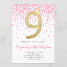 Roze Confetti Party Gold Nummer Meisje 9e Verjaard