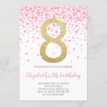 Roze Confetti Party Gouden Nummer Meisje 8e Verjaa