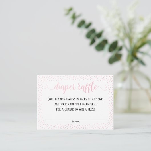 Roze Confetti, Script op Witte Luier Raffle Kaarte Informatiekaartje (Staand voorkant)