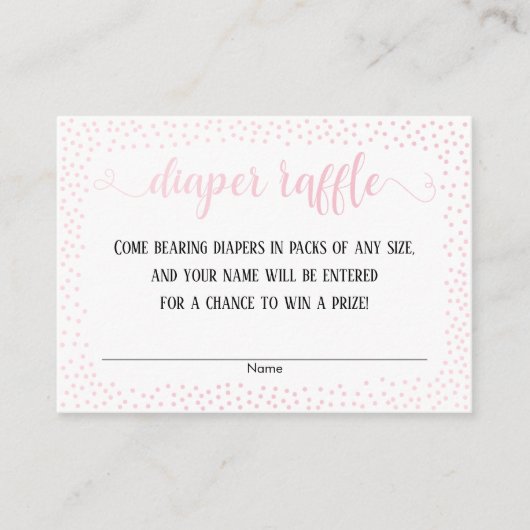 Roze Confetti, Script op Witte Luier Raffle Kaarte Informatiekaartje (Voorkant)