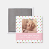 Roze Confetti Stippen Geboortekaartje Magneet (Voorkant / Achterkant)