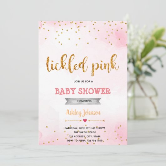 Roze confetti uitnodiging om te kietelen (Staand voorkant)