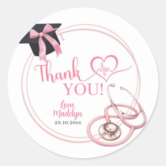 Roze Coquette Afstuderen Verpleegster Dank u Stick Ronde Sticker (Voorkant)