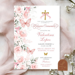 Roze Coquette Bloem Butterfly Eerste Communie Kaart