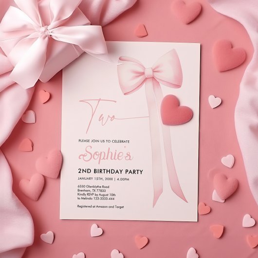 Roze Coquette Bow 2e verjaardag uitnodiging
