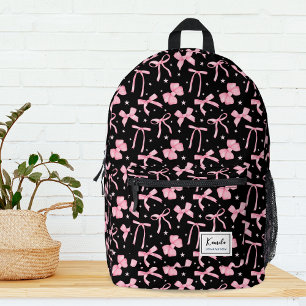 Roze Coquette Bow Aangepaste naam Zwart Bedrukte Rugzak