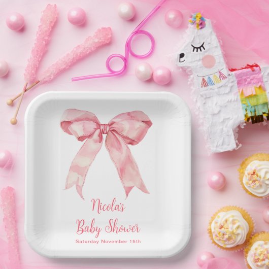 Roze Coquette Bow Baby shower Papieren Bordje (Feest)