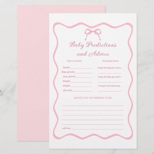 Roze Coquette Bow Baby shower voorspellingen spel (Voorkant / Achterkant)