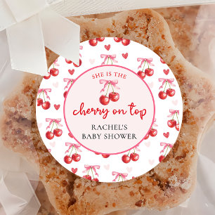 Roze Coquette Bow Cherry Baby shower Sticker