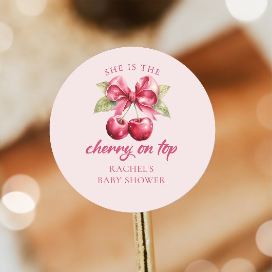 Roze Coquette Bow Cherry Baby shower Sticker