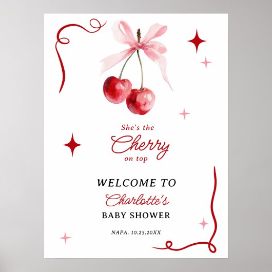 Roze Coquette Bow Cherry op top Meisje Baby shower Poster (Voorkant)