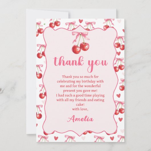 Roze Coquette Bow Cherry Verjaardag Bedankt Card (Voorkant)