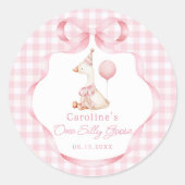 Roze Coquette Bow Gekke Gans 1e Verjaardag Sticker (Voorkant)