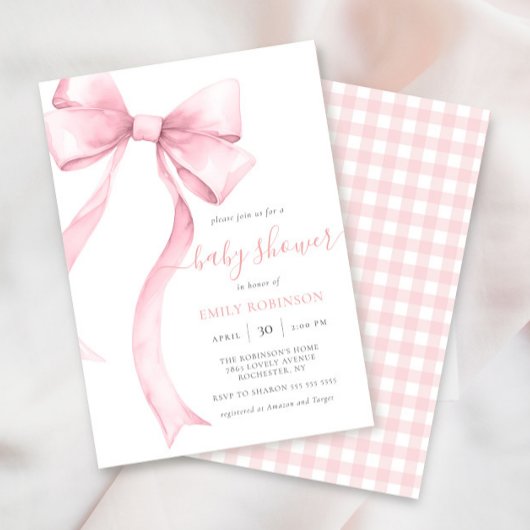 Roze Coquette Bow Gingham Girl Baby shower Kaart