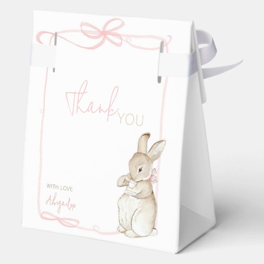 Roze Coquette Bow Peter het Konijn 1e Verjaardag Bedankdoosjes (Achterkant)