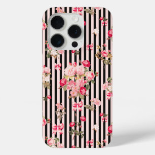 Roze Coquette Bow  Rozen Zwart Strepen iPhone 15 Pro Case