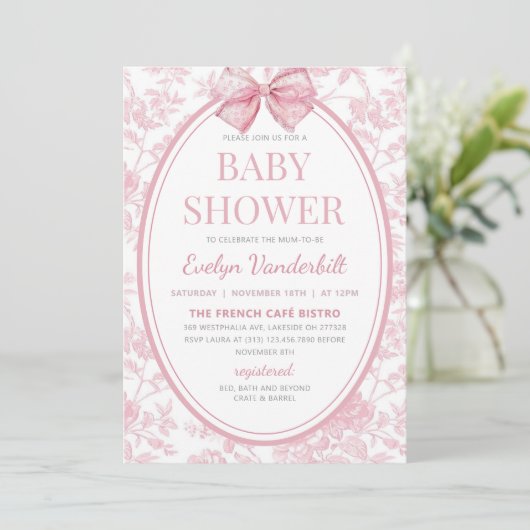 Roze Coquette Bow Toile Chinoiserie Baby shower Kaart (Staand voorkant)