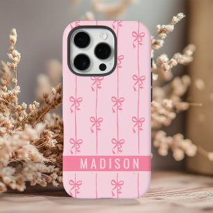 Roze Coquette Bows Moderne gepersonaliseerde naam  iPhone 16 Pro Hoesje