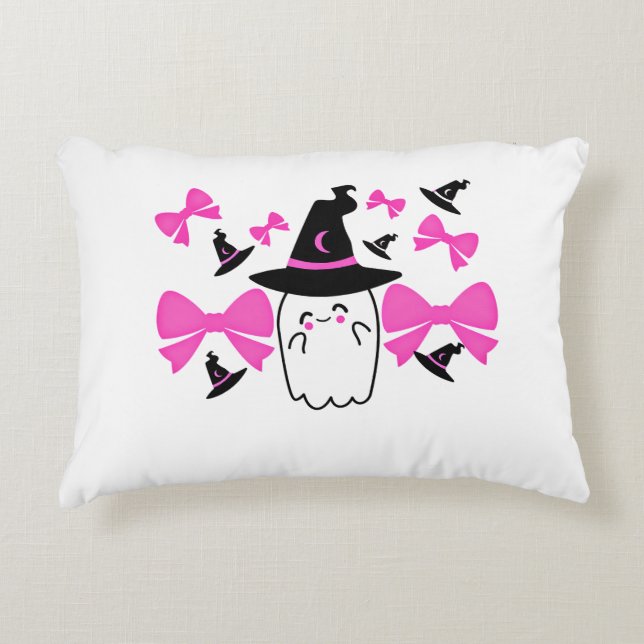 Roze Coquette Ghost met strikjes Halloween Accent Kussen (Voorkant)