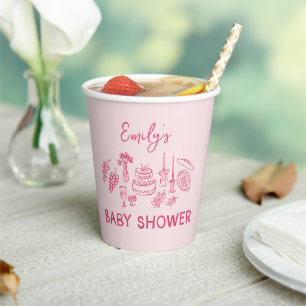 Roze coquette modern handgetekende baby shower papieren bekers