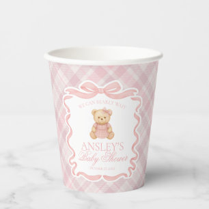 Roze Coquette Strik Beer Schotse Plaid Baby Shower Papieren Bekers