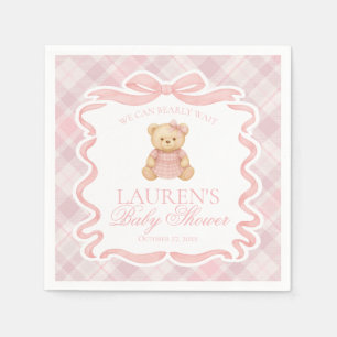 Roze Coquette Strik Beer Schotse Plaid Baby Shower Servet