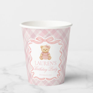 Roze Coquette Strik Beer Schotse Plaid Verjaardag Papieren Bekers