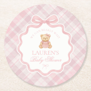 Roze Coquette Strik Beren Plaid Baby Shower Ronde Kartonnen Onderzetter