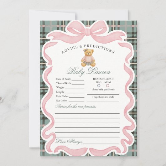 Roze Coquette Strik Berenmeisje Advies voor Babyka Kaart (Voorkant)