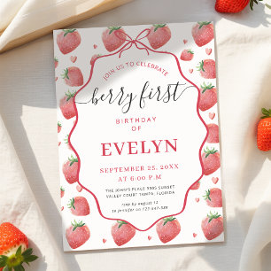 Roze Coquette Strik Roze Aardbei Eerste Verjaardag Kaart