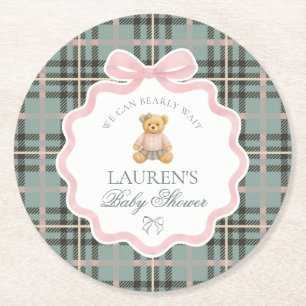 Roze Coquette Strikbeer Plaid Baby Shower Ronde Kartonnen Onderzetter