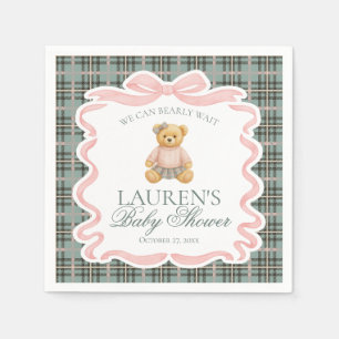 Roze Coquette Strikbeer Schotse Plaid Baby Shower Servet