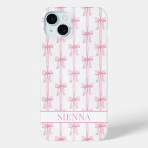 Roze Coquette Strikjes Gestreept Met Initialen iPhone 15 Mini Hoesje
