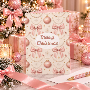Roze Coquette Vrolijk Kerstmis Strikken & Parels V Kaart