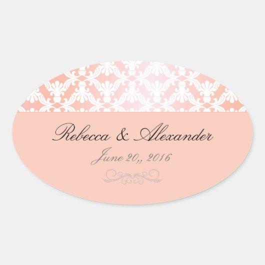 Roze & Coral Damask bruiloft Ovale Sticker (Voorkant)