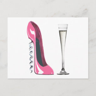 Roze Corkschroef Stiletto Shoe en Champagne Flute Briefkaart