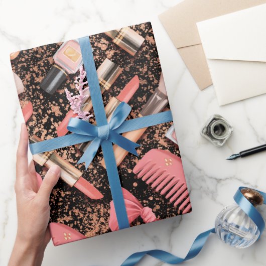 Roze Cosmetica Patroon Glitter Cadeaupapier (Geschenken)