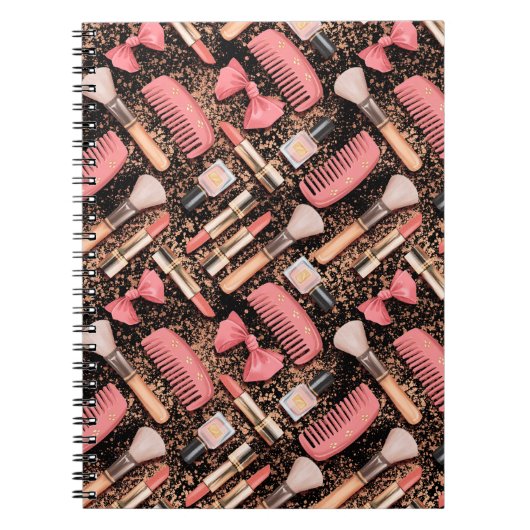 Roze Cosmetica Patroon Glitter Notitieboek (Voorkant)