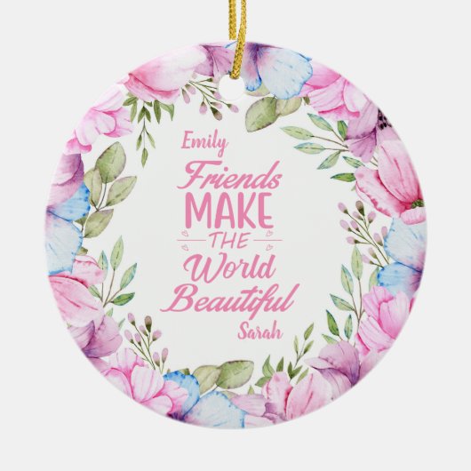 Roze Cosmos Waterverf Bloemenkrans Vriendschap Keramisch Ornament (Voorkant)