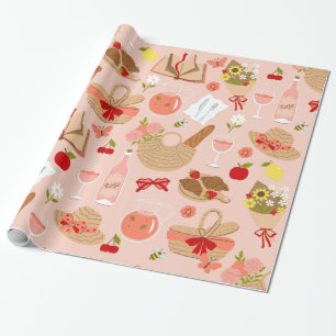 Roze CottageCore Croissant picknickmand Cadeaupapier